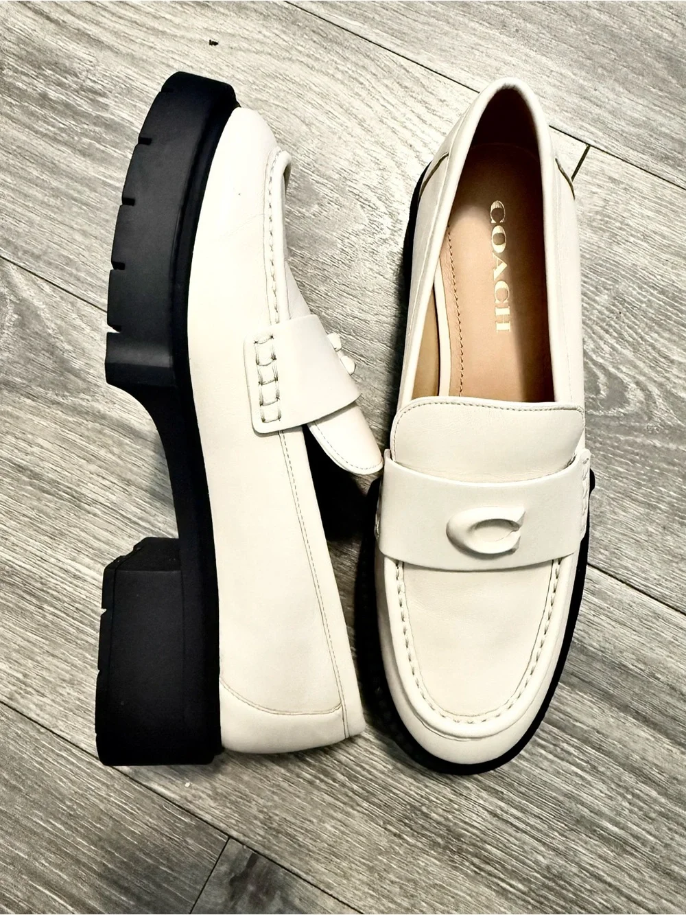 Coach Cream Leather Lug Sole Penny Loafers